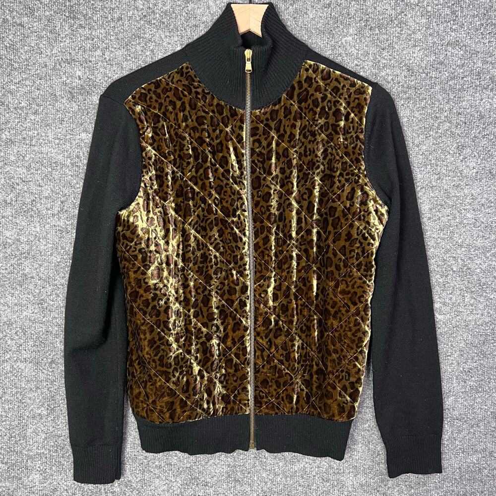 Ralph Lauren Quilted Velvet Leopard Black Wool Cardigan Sweater Jacket Size M - Picture 1 of 8
